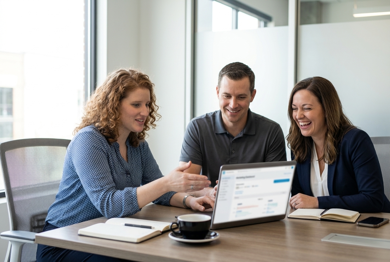 Jessica Palmeri coaching two business owners through their HubSpot dashboard at a shared laptop